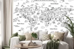 Naklejka: Kolorowanka mapa świata z kontynentami i zwierzętami