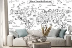 Naklejka: Kolorowanka mapa świata z kontynentami i zwierzętami