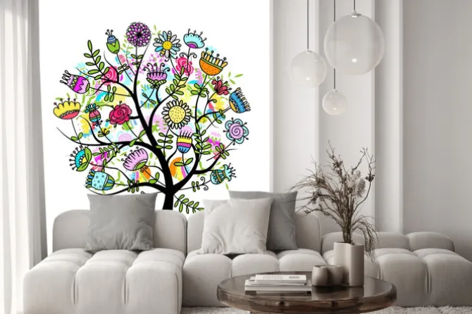 Naklejka: Kolorowe drzewo z kwiatowymi gałęziami