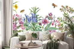 Naklejka: Kolorowe kwiaty polne z pszczołami na białym tle