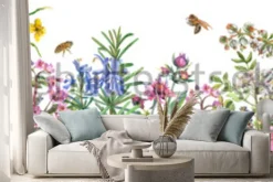 Naklejka: Kolorowe kwiaty polne z pszczołami na białym tle