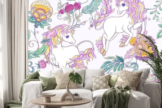 Naklejka: Kolorowe kwiaty i jednorożce
