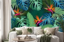 Naklejka: Kolorowe liście tropikalne z kwiatami strelicji