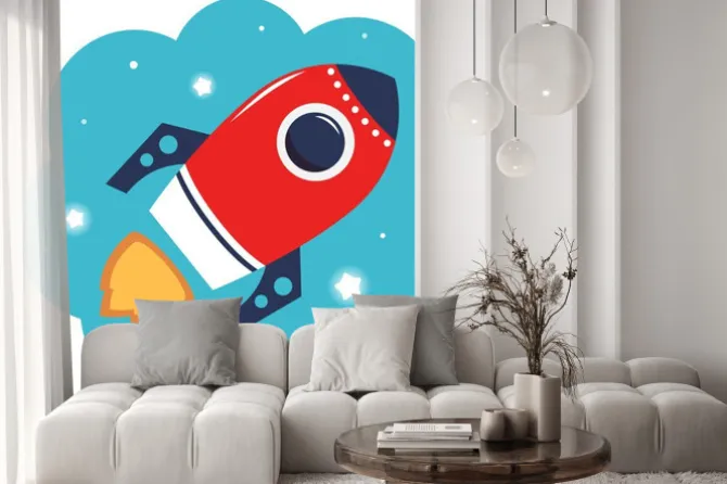 Naklejka: Kolorowe rocket cartoon w przestrzeni na białym tle