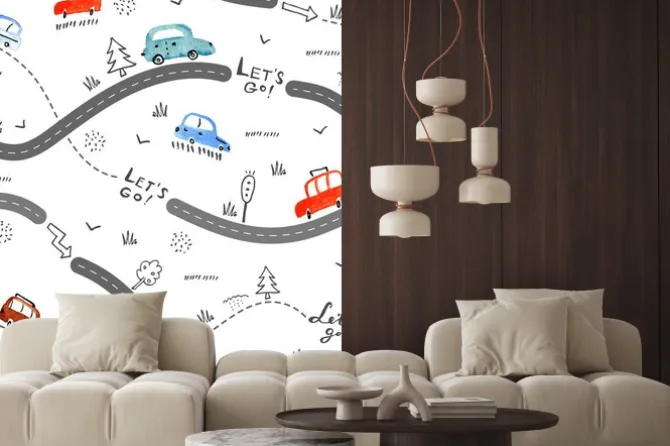 Naklejka: Kolorowe samochody na drodze z napisami