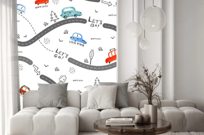 Naklejka: Kolorowe samochody na drodze z napisami