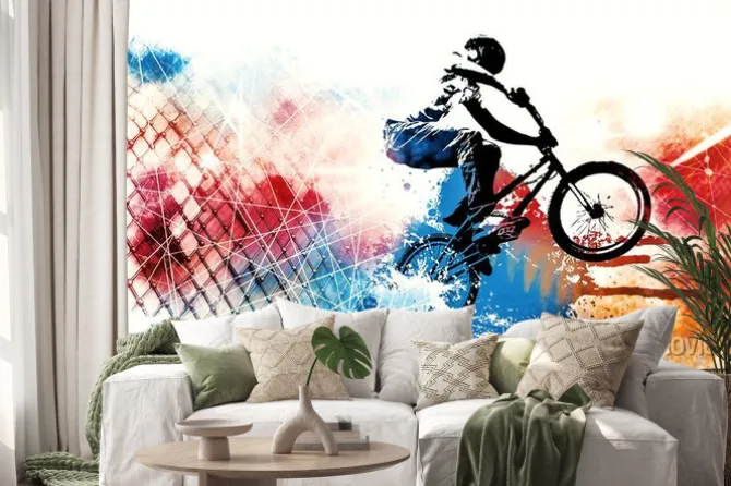Naklejka: Kolorowe tło z rowerzystą bmx