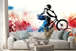Naklejka: Kolorowe tło z rowerzystą bmx