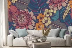 Naklejka: Kolorowe tropikalne liście i kwiaty