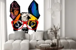 Naklejka: Kolorowy abstrakcyjny buldog francuski w okularach