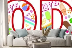 Naklejka: Kolorowy napis lody z ilustracjami