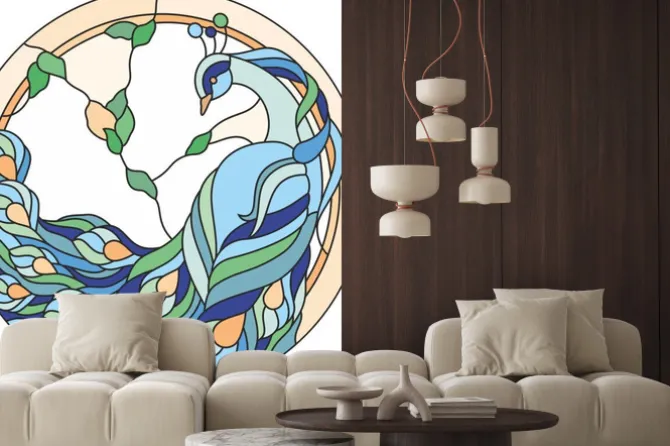 Naklejka: Kolorowy paw w kole w stylu witrażu