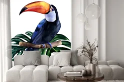 Naklejka: Kolorowy tukan na liściach monstery