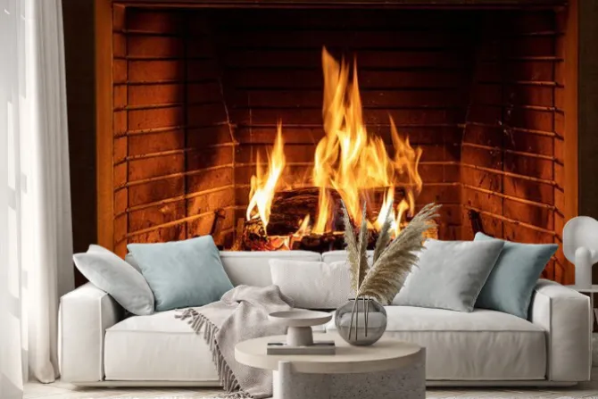 Naklejka: Kominek z płonącym ogniem