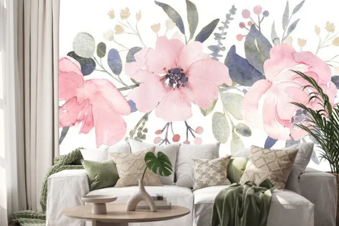 Naklejka: Kompozycja bukietowa ozdobiona zakurzonymi różowymi akwarelowymi