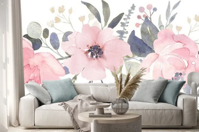 Naklejka: Kompozycja bukietowa ozdobiona zakurzonymi różowymi akwarelowymi