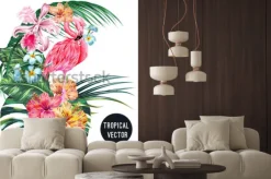 Naklejka: Kompozycja z flamingiem i egzotycznymi roślinami