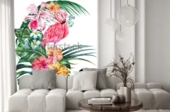 Naklejka: Kompozycja z flamingiem i egzotycznymi roślinami