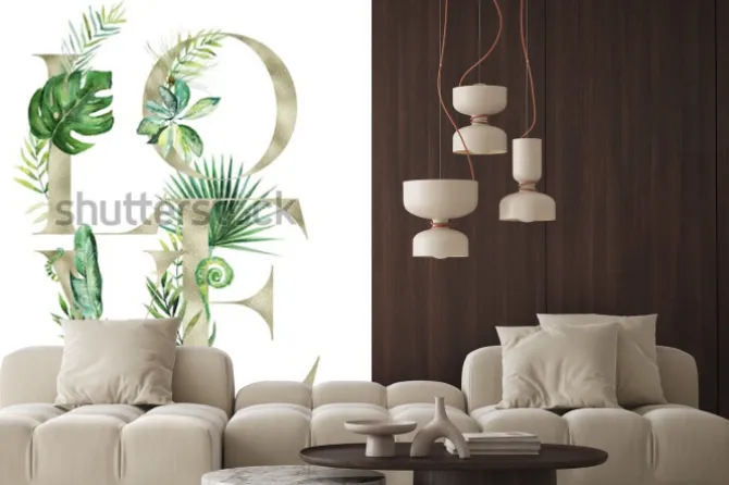 Naklejka: Kompozycja z napisem love i liśćmi egzotycznymi