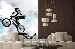 Naklejka: Kontur rowerzysty na geometrycznym tle