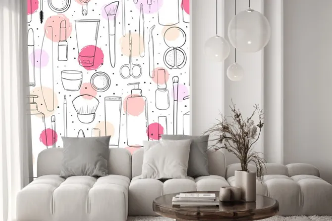 Naklejka: Kosmetyki i makijaż. bezszwowy wzór. styl mody. tło dla salonu