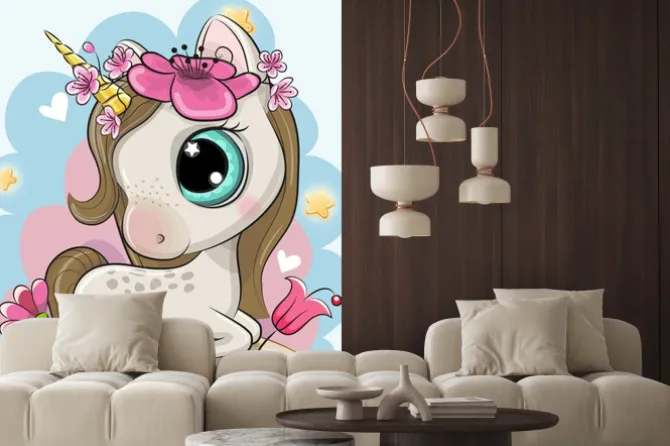 Naklejka: Kreskówka jednorożec z kwiatami na niebieskim tle