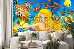 Naklejka: Kreskówka ocean i syrenka w podwodnym królestwie pływa z rybami