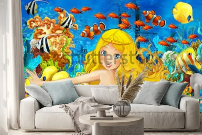 Naklejka: Kreskówka ocean i syrenka w podwodnym królestwie pływa z rybami