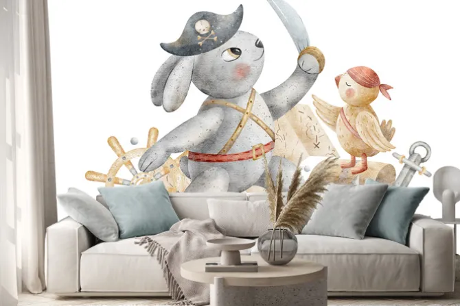 Naklejka: Króliczek pirat i papuga