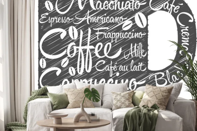 Naklejka: Kształt kubka z napisami kawowymi