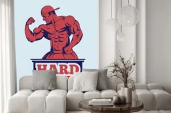 Naklejka: Kulturysta fitness model stwarzające logo. godło mięśni człowieka