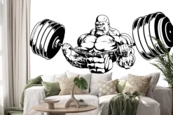Naklejka: Kulturysta zginanie ciężką sztangę, ilustracja, logo, atrament,