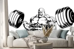 Naklejka: Kulturysta zginanie ciężką sztangę, ilustracja, logo, atrament,