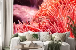 Naklejka: Kwiat morski koral i kolor rafy pod ciemną wodą morskiego środowiska