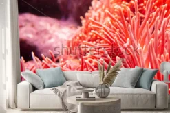 Naklejka: Kwiat morski koral i kolor rafy pod ciemną wodą morskiego środowiska