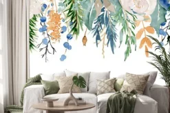 Naklejka: Kwiatowa girlanda akwarelowa z niebieskimi akcentami