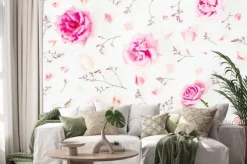 Naklejka: Kwiatowy wzór z ró? owy ró ?, dzikie kwiaty i p? atków na bia?