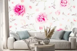 Naklejka: Kwiatowy wzór z ró? owy ró ?, dzikie kwiaty i p? atków na bia?