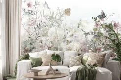 Naklejka: Kwiaty gałązki i motyle na polanie w stonowanych kolorach