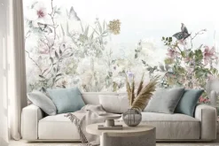 Naklejka: Kwiaty gałązki i motyle na polanie w stonowanych kolorach