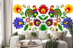 Naklejka: Kwiaty i koguty w stylu folk