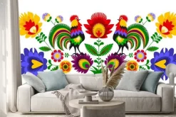 Naklejka: Kwiaty i koguty w stylu folk