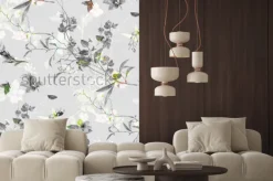 Naklejka: Kwiaty na gałązkach i motyle w szarości