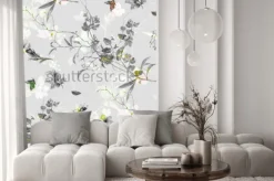 Naklejka: Kwiaty na gałązkach i motyle w szarości