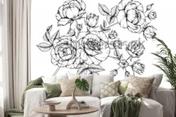 Naklejka: Kwiaty róży, rysunek i szkic z grafiką na białym tle.