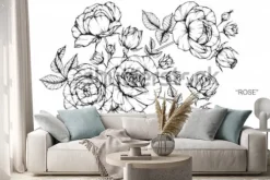 Naklejka: Kwiaty róży, rysunek i szkic z grafiką na białym tle.