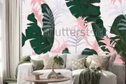 Naklejka: Kwiecisty bezszwowy wzór, zieleni bananowi liście, różowa bromeliaceae