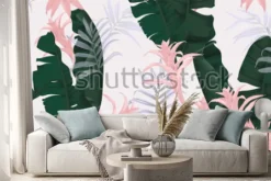 Naklejka: Kwiecisty bezszwowy wzór, zieleni bananowi liście, różowa bromeliaceae