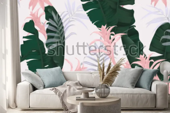 Naklejka: Kwiecisty bezszwowy wzór, zieleni bananowi liście, różowa bromeliaceae