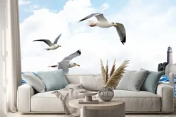 Naklejka: Latające mewy na tle morza i latarni morskiej